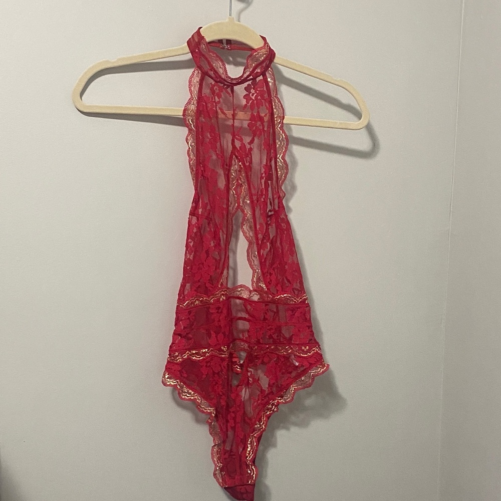 NWOT! Victoria’s Secret SAMPLE Red Lace Halter Bodysuit